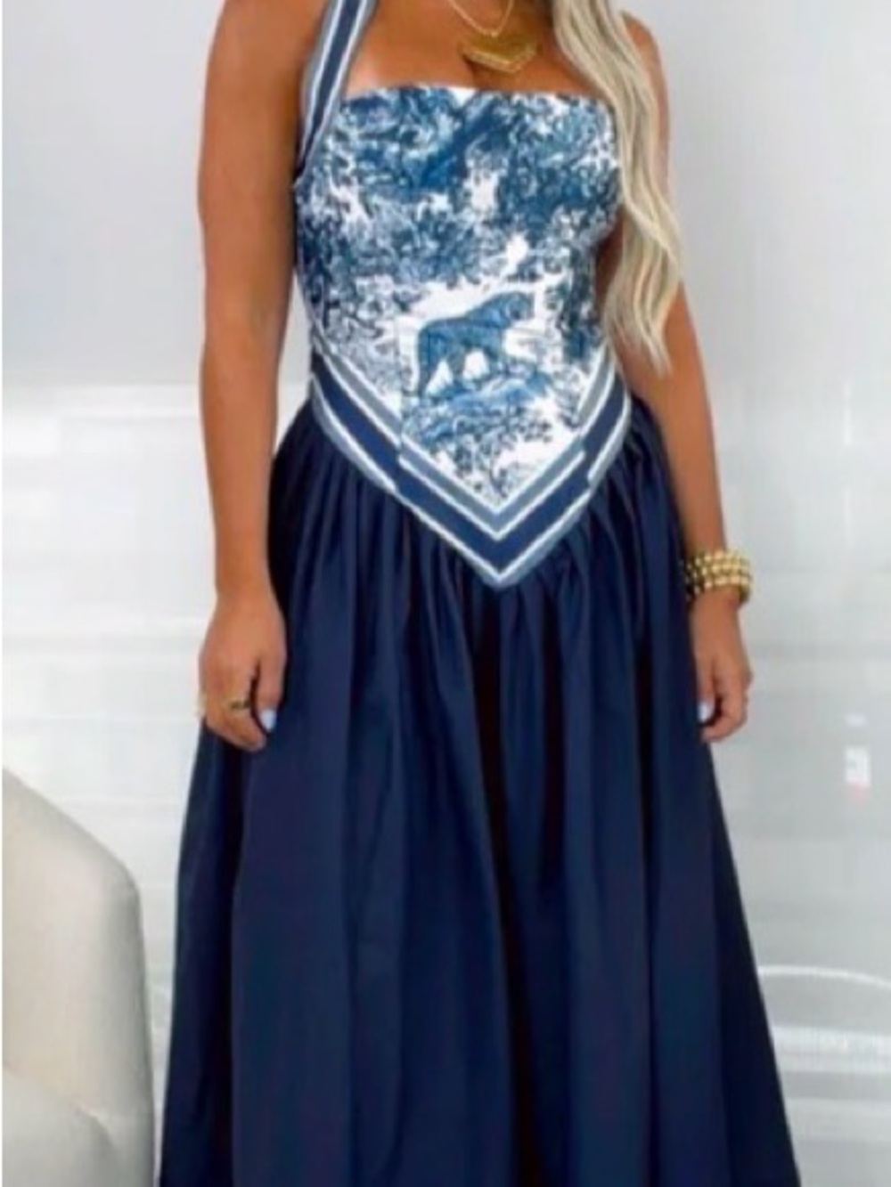 Navy Blue Strapless Scarf-Top Maxi Dress